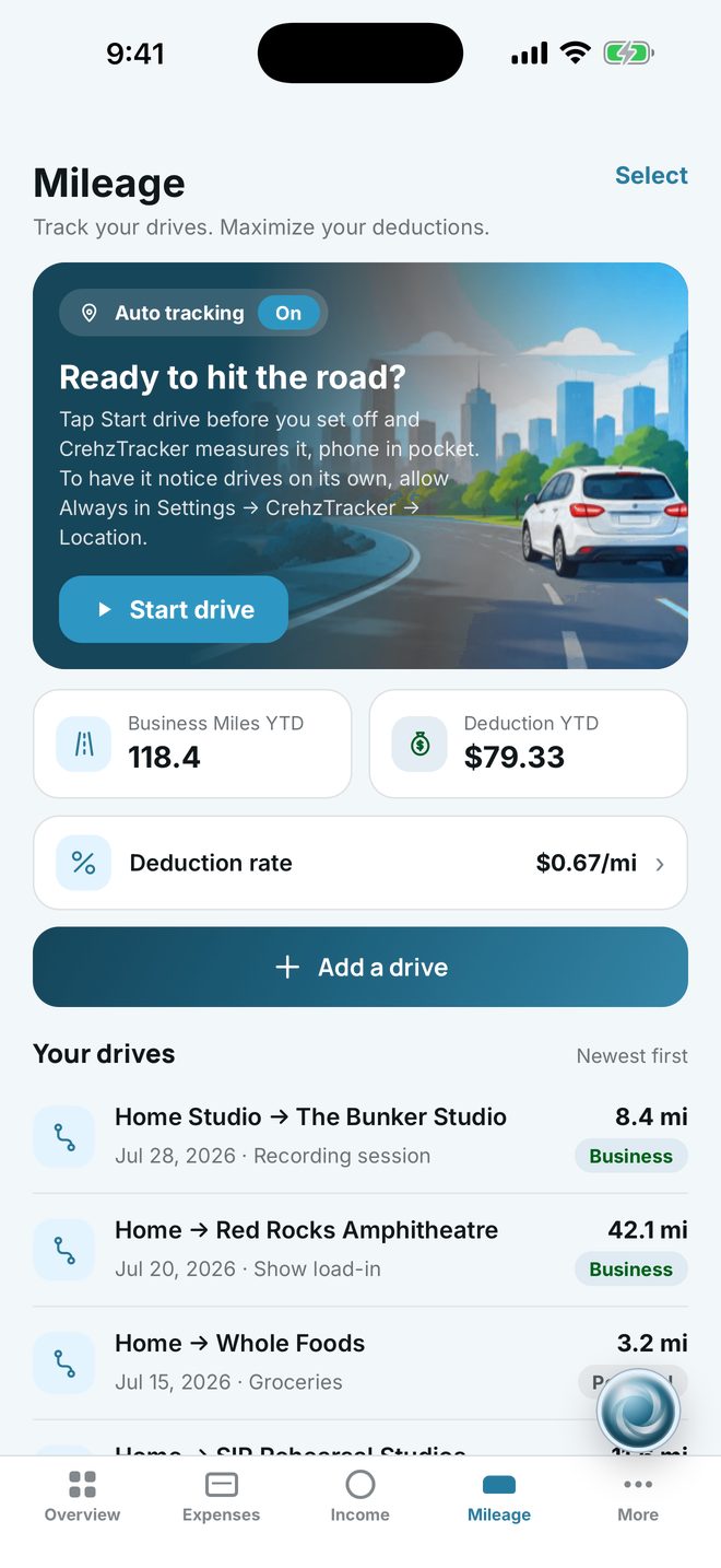 Mileage screen with detected drives and deduction