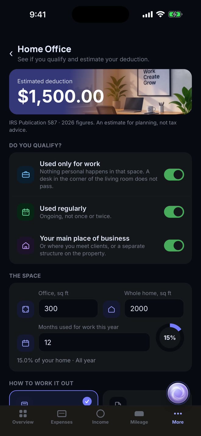 Home office deduction in Periwinkle, dark mode
